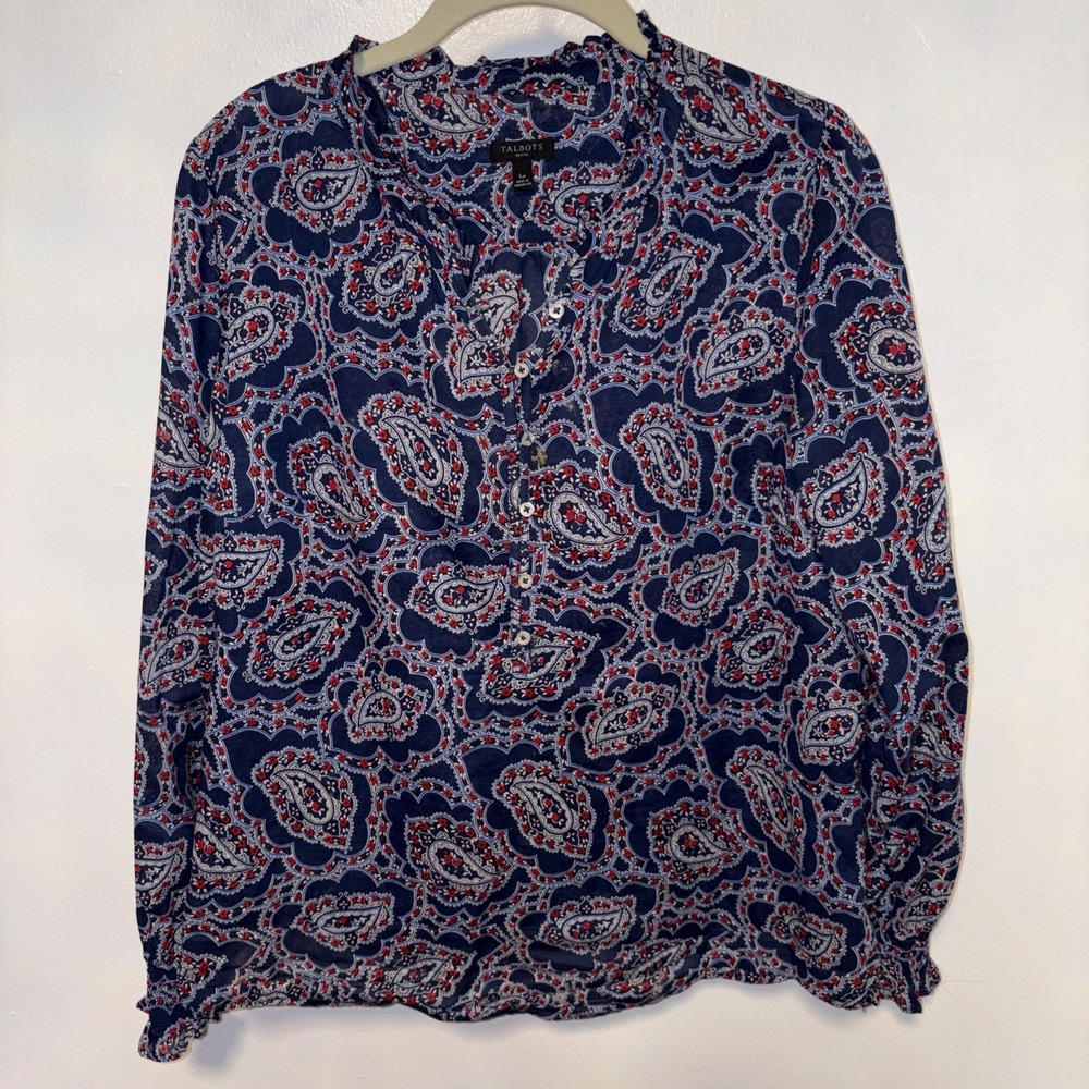 Talbots‎ Paisley Print Long Sleeve Popover Floral Top Size L Tunic Colorful blue